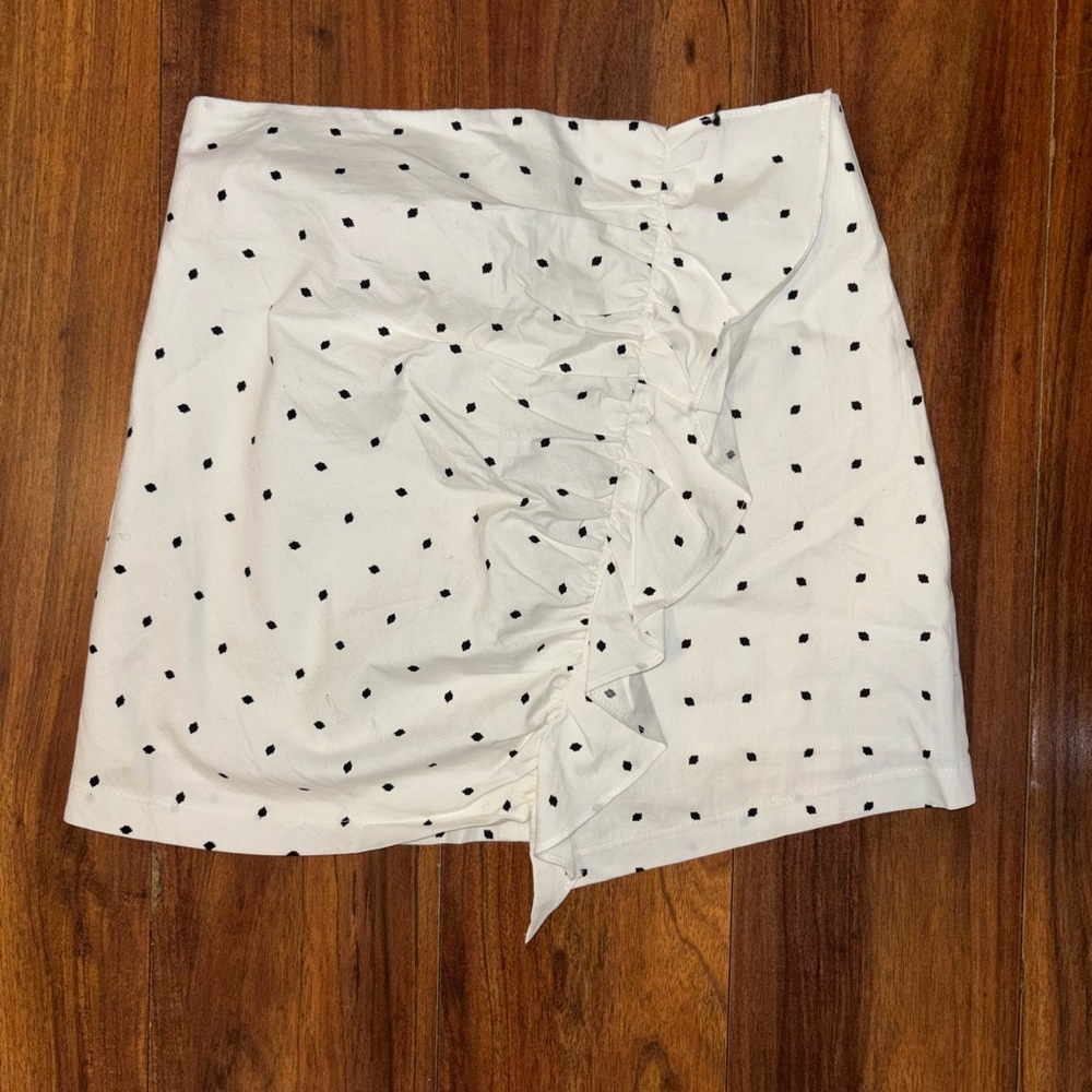 Lush White Mini Skirt with Black Dot Ruffle Detail